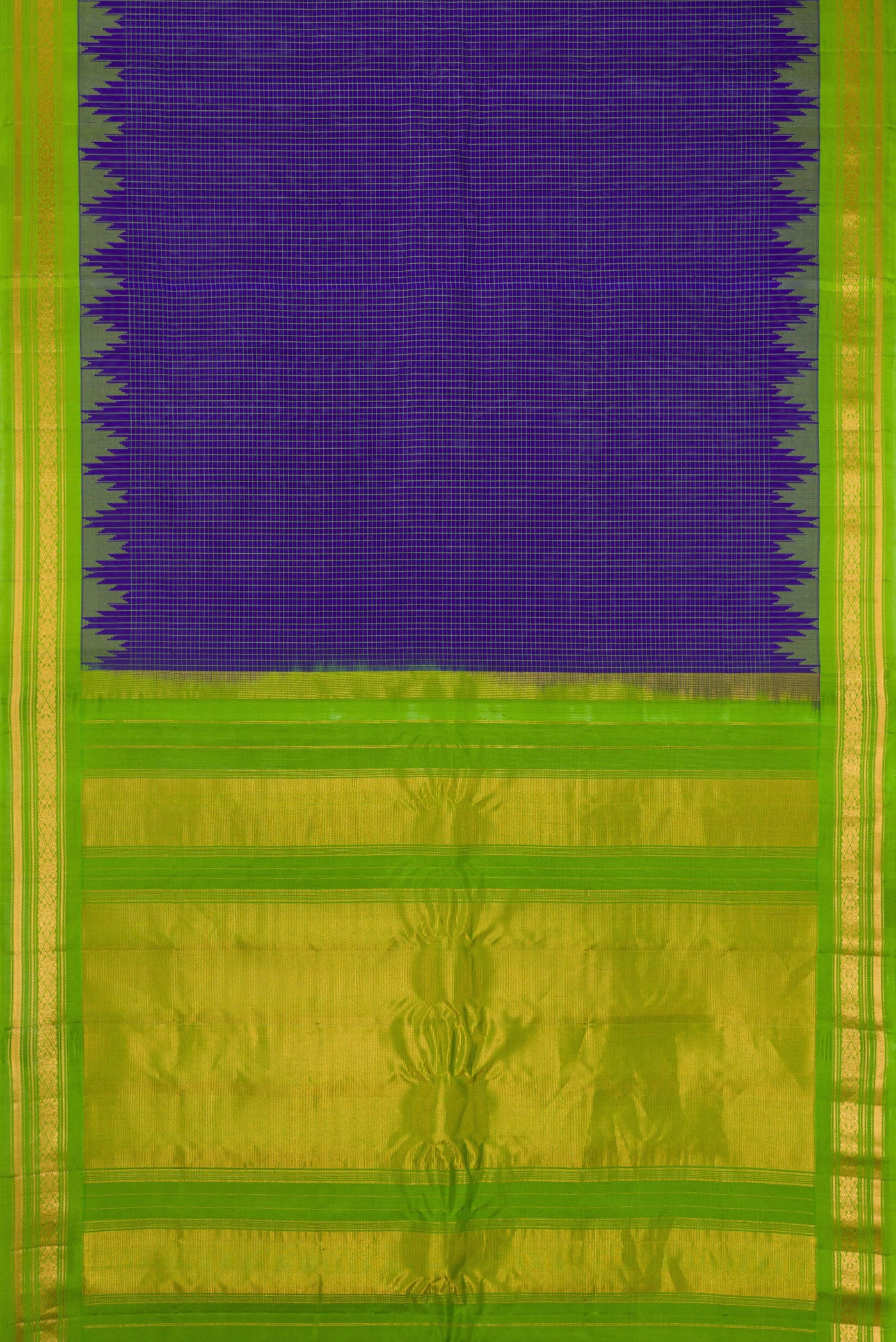 Flat view of Royal Blue Gadwal Silk Saree with Checked design on the body and Temple Border. 