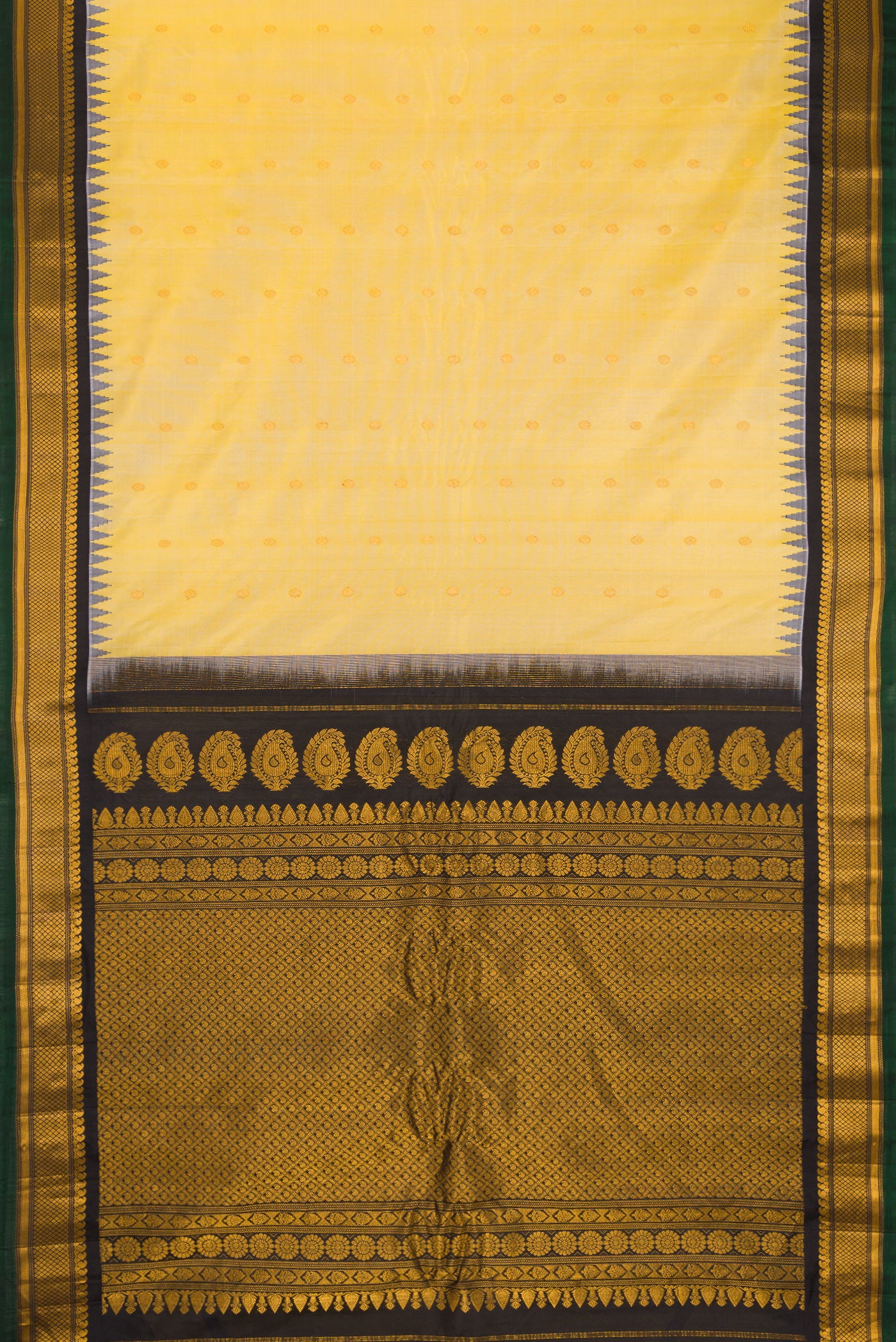 Flat view of Sandal Gadwal Silk Saree with Zari Butta on the body and Zari Border. 