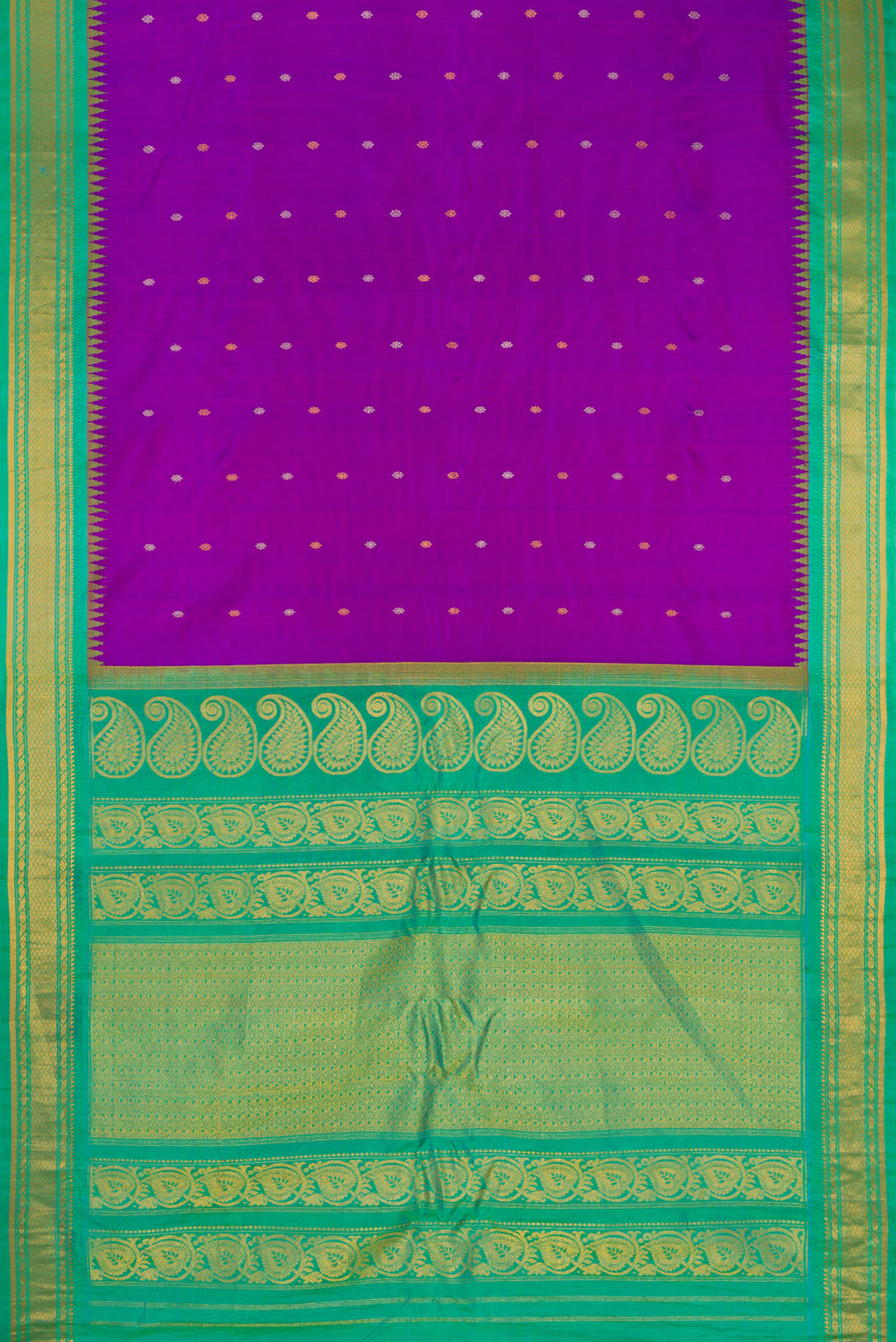 Flat view of Purple Gadwal Silk Saree with Zari Butta on the body and Zari Border. 