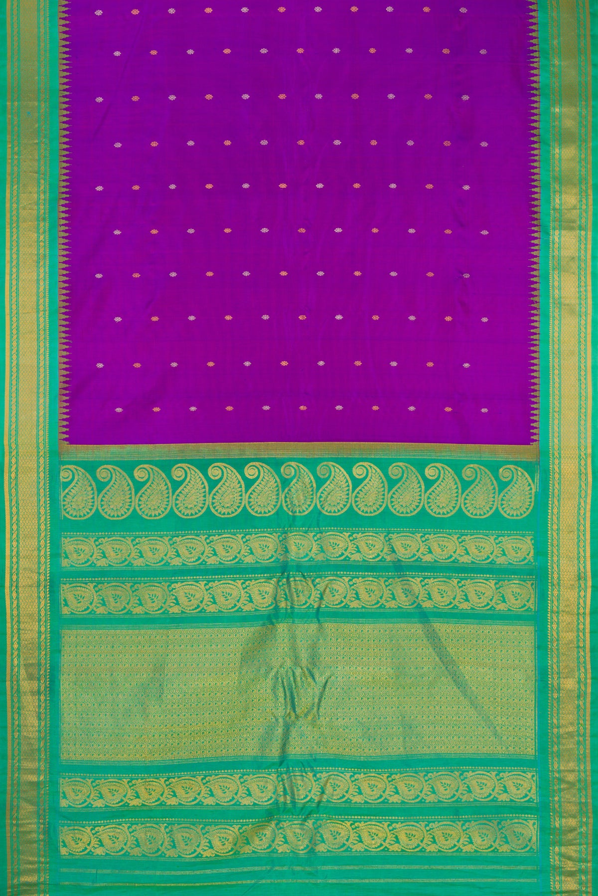 Flat view of Purple Gadwal Silk Saree with Zari Butta on the body and Zari Border. 