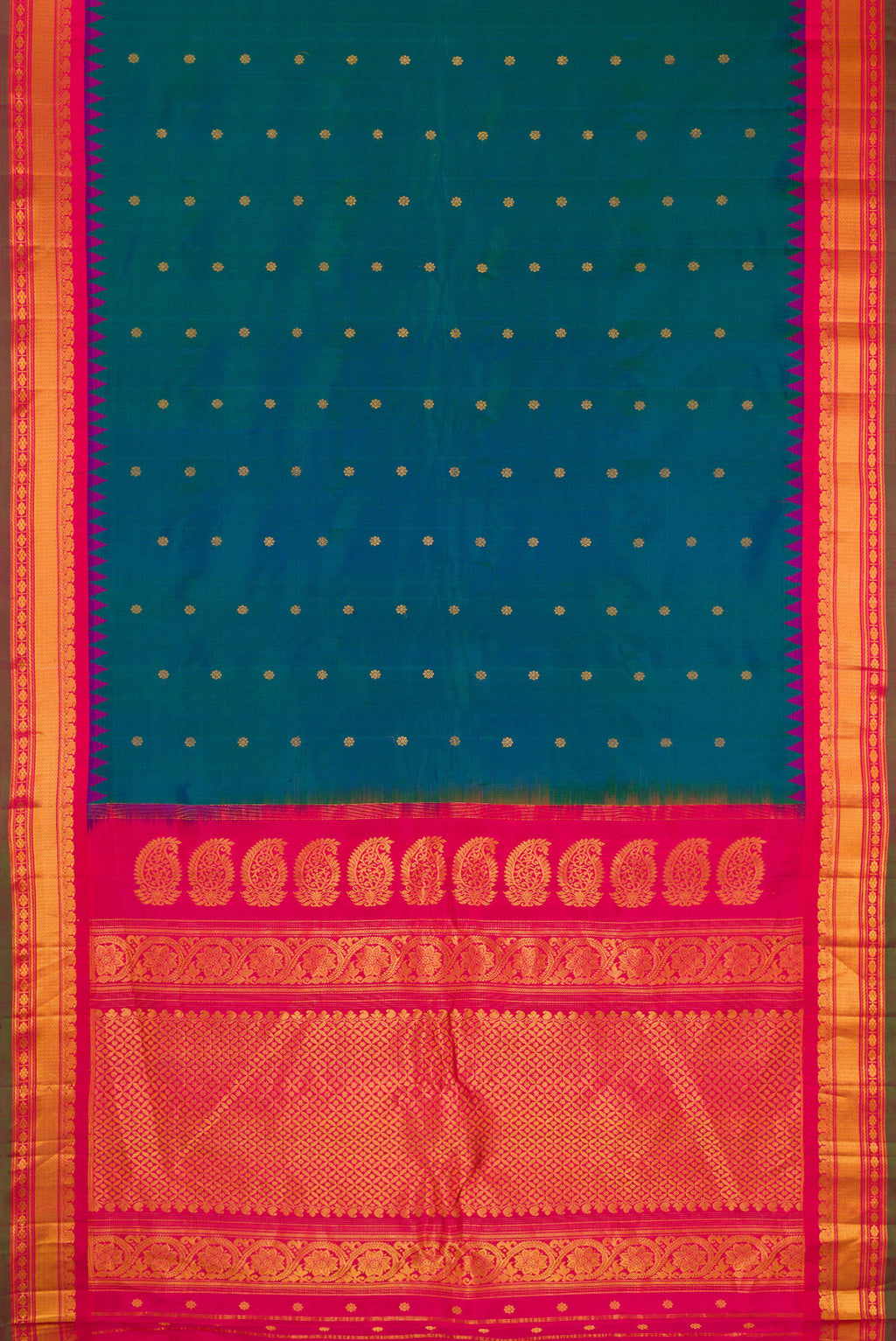 Flat view of Electric Blue Dual Tone Gadwal Silk Saree with Zari Butta on the body and Zari Border. 