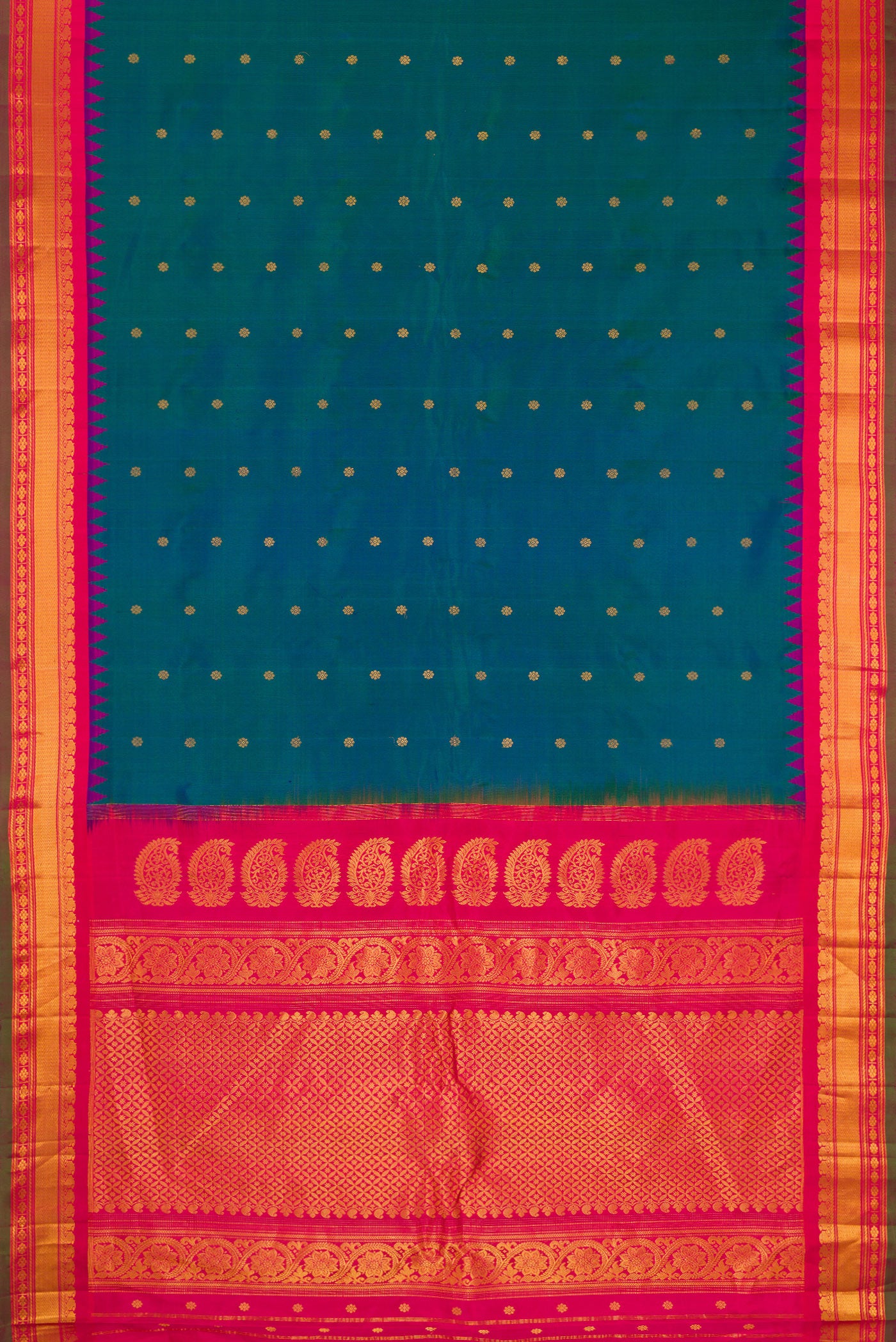Flat view of Electric Blue Dual Tone Gadwal Silk Saree with Zari Butta on the body and Zari Border. 