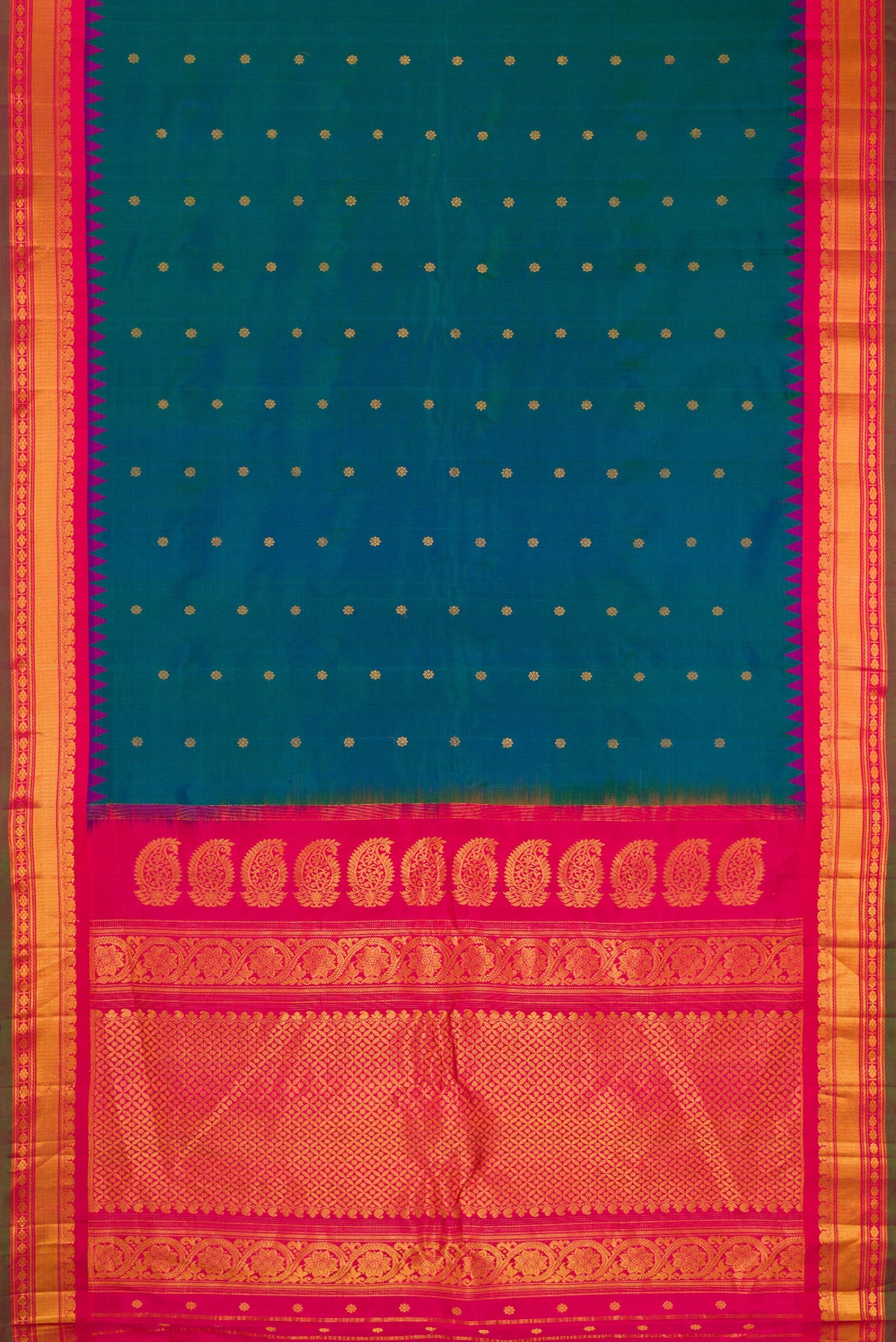 Flat view of Electric Blue Dual Tone Gadwal Silk Saree with Zari Butta on the body and Zari Border. 