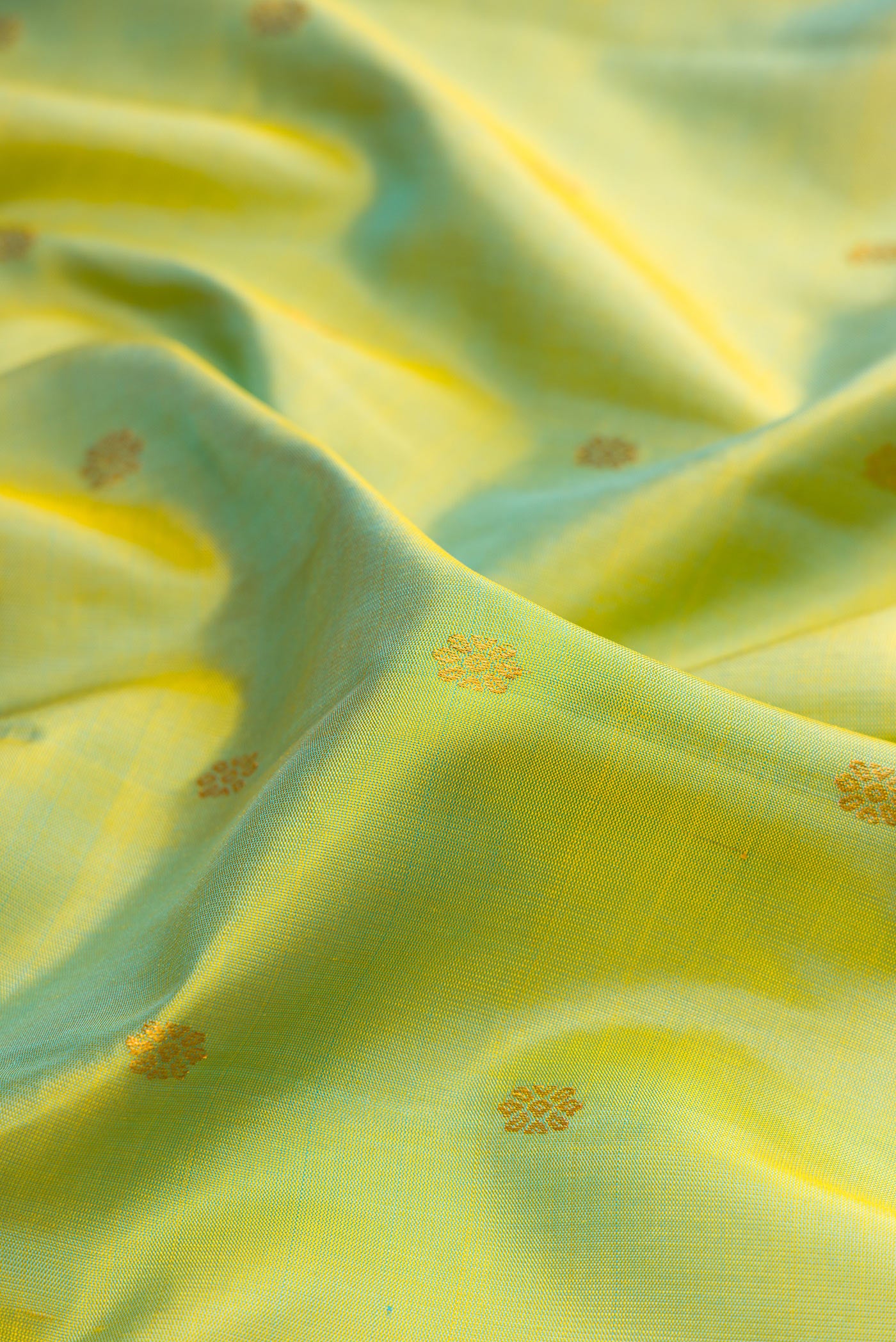 Close up of Pista Green Gadwal Silk Saree with Zari Butta on the body and Zari Border.  displaying folds