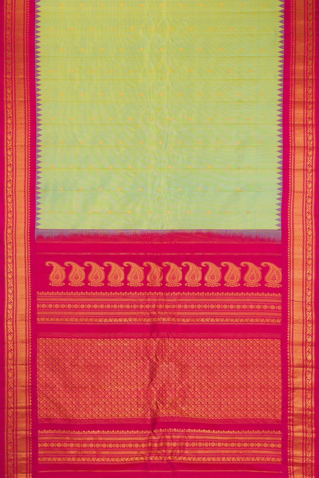 Flat view of Pista Green Gadwal Silk Saree with Zari Butta on the body and Zari Border. 