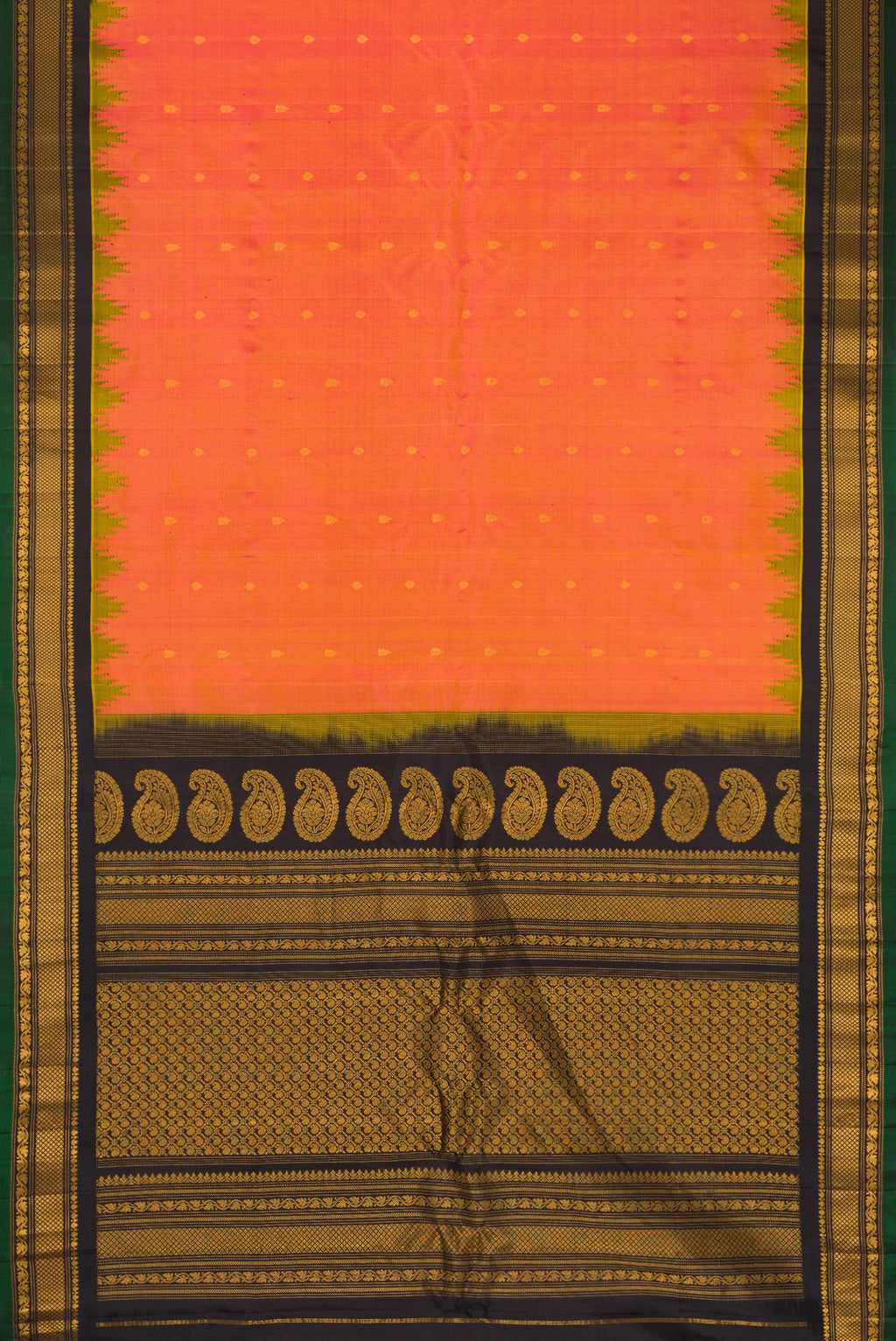 Flat view of Pinkish Yellow Dual Tone Gadwal Silk Saree with Zari Butta on the body and Fancy Border. 