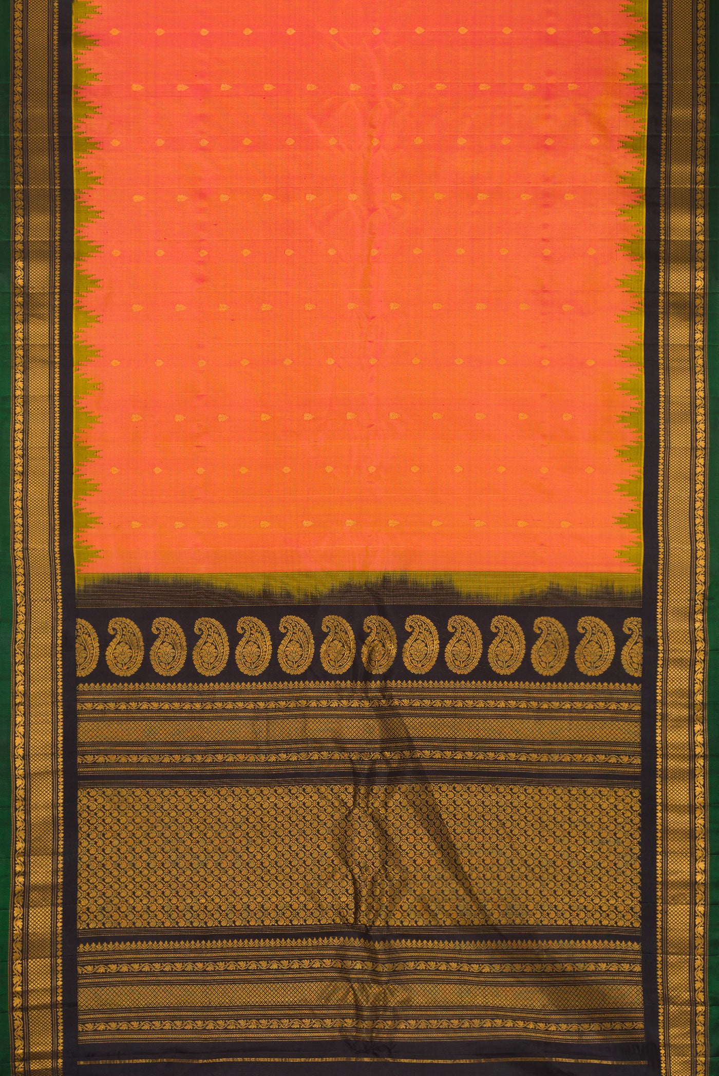 Flat view of Pinkish Yellow Dual Tone Gadwal Silk Saree with Zari Butta on the body and Fancy Border. 