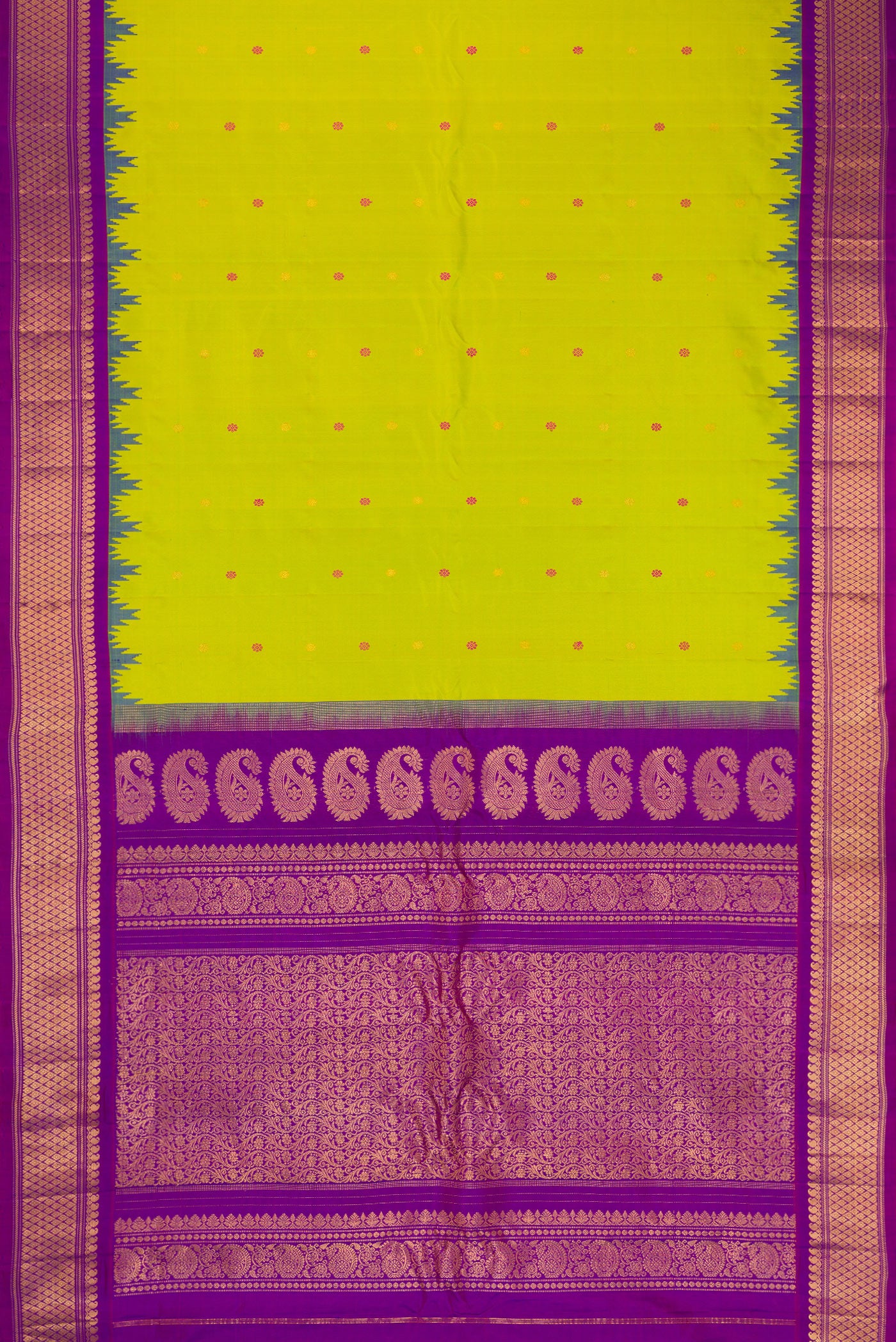 Flat view of Parrot Green Gadwal Silk Saree with Zari And Thread Butta on the body and Temple Border. 