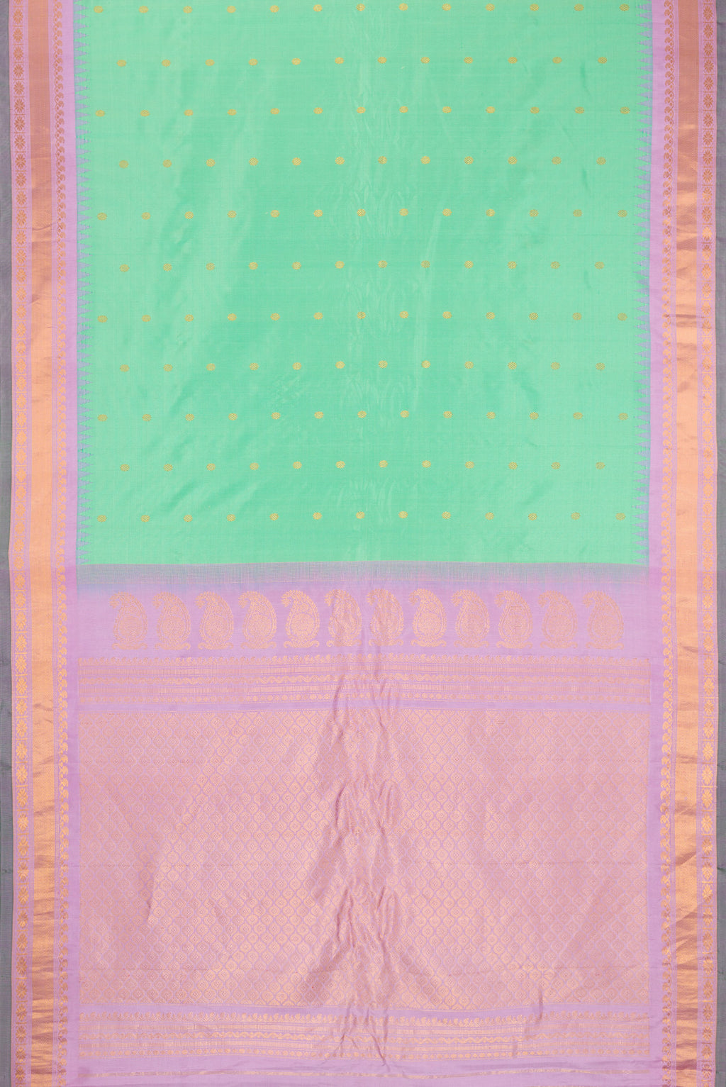 Flat view of Sea Green Gadwal Silk Saree with Zari Butta on the body and Zari Border. 