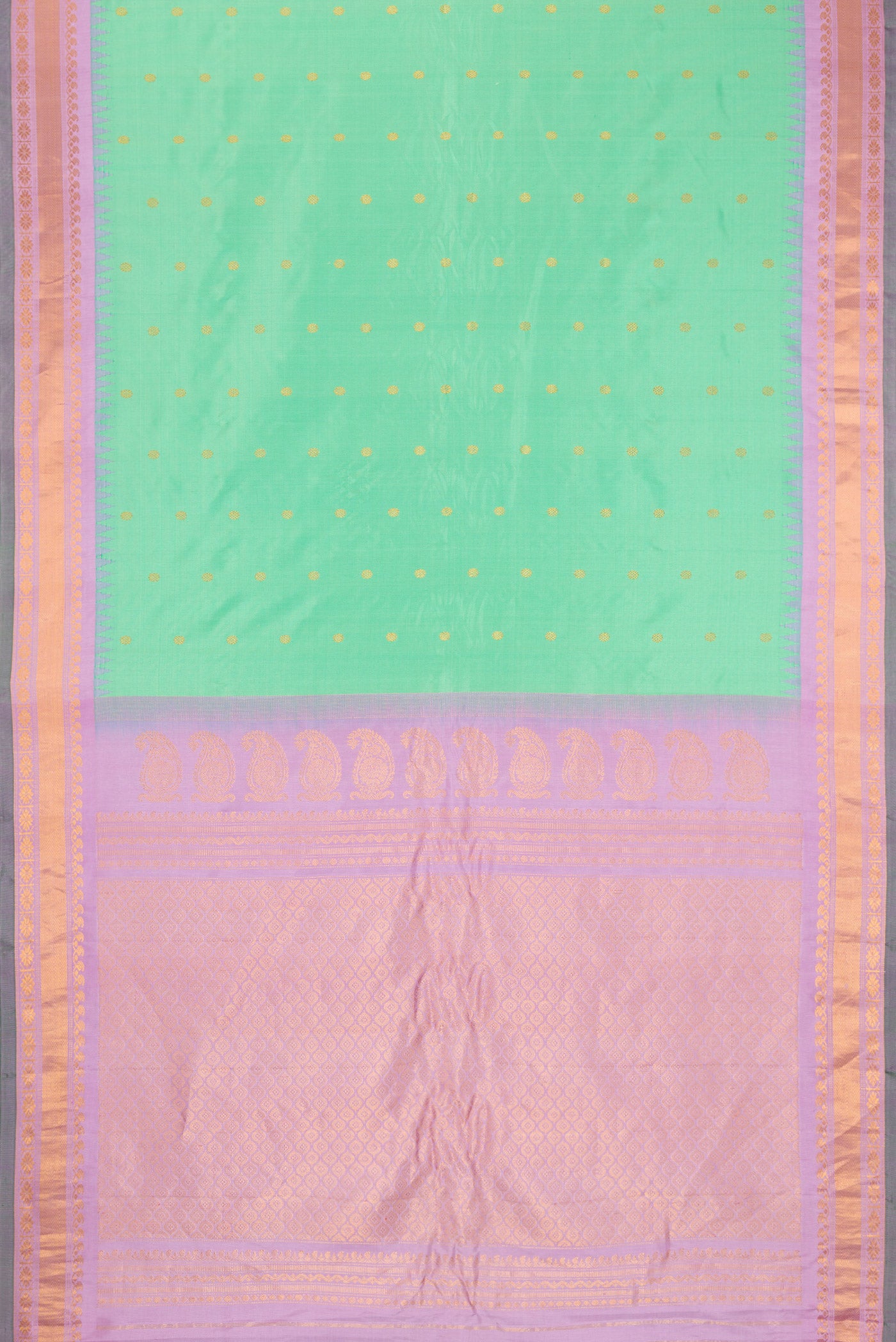 Flat view of Sea Green Gadwal Silk Saree with Zari Butta on the body and Zari Border. 