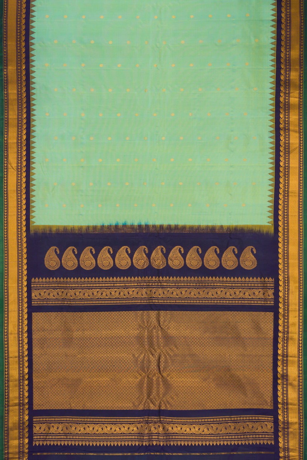 Flat view of Pista Green Gadwal Silk Saree with Zari Butta on the body and Temple Border. 
