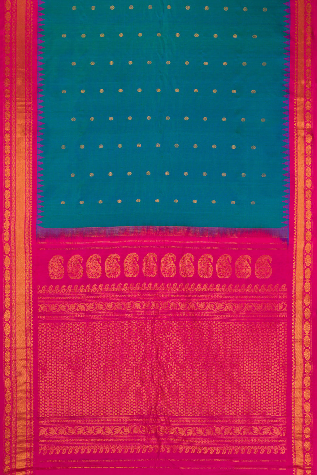 Flat view of Peacock Blue Gadwal Silk Saree with Zari Butta on the body and Zari Border. 