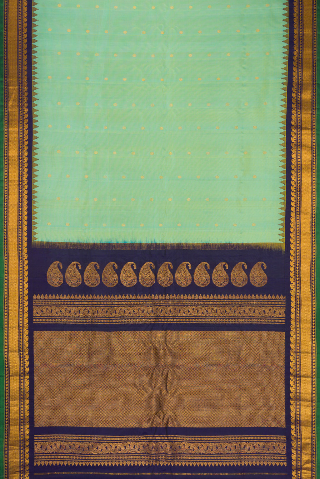 Flat view of Light Green Dual Tone Gadwal Silk Saree with Zari Butta on the body and Zari Border. 