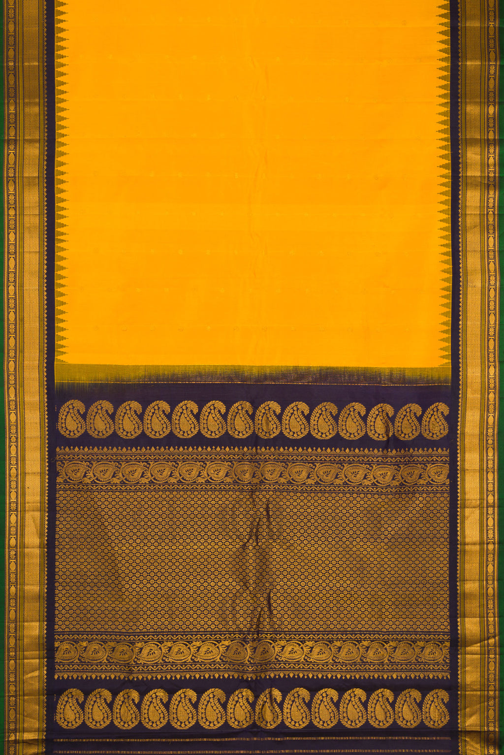 Flat view of Yellow Gadwal Silk Saree with Zari Butta on the body and Zari Border. 