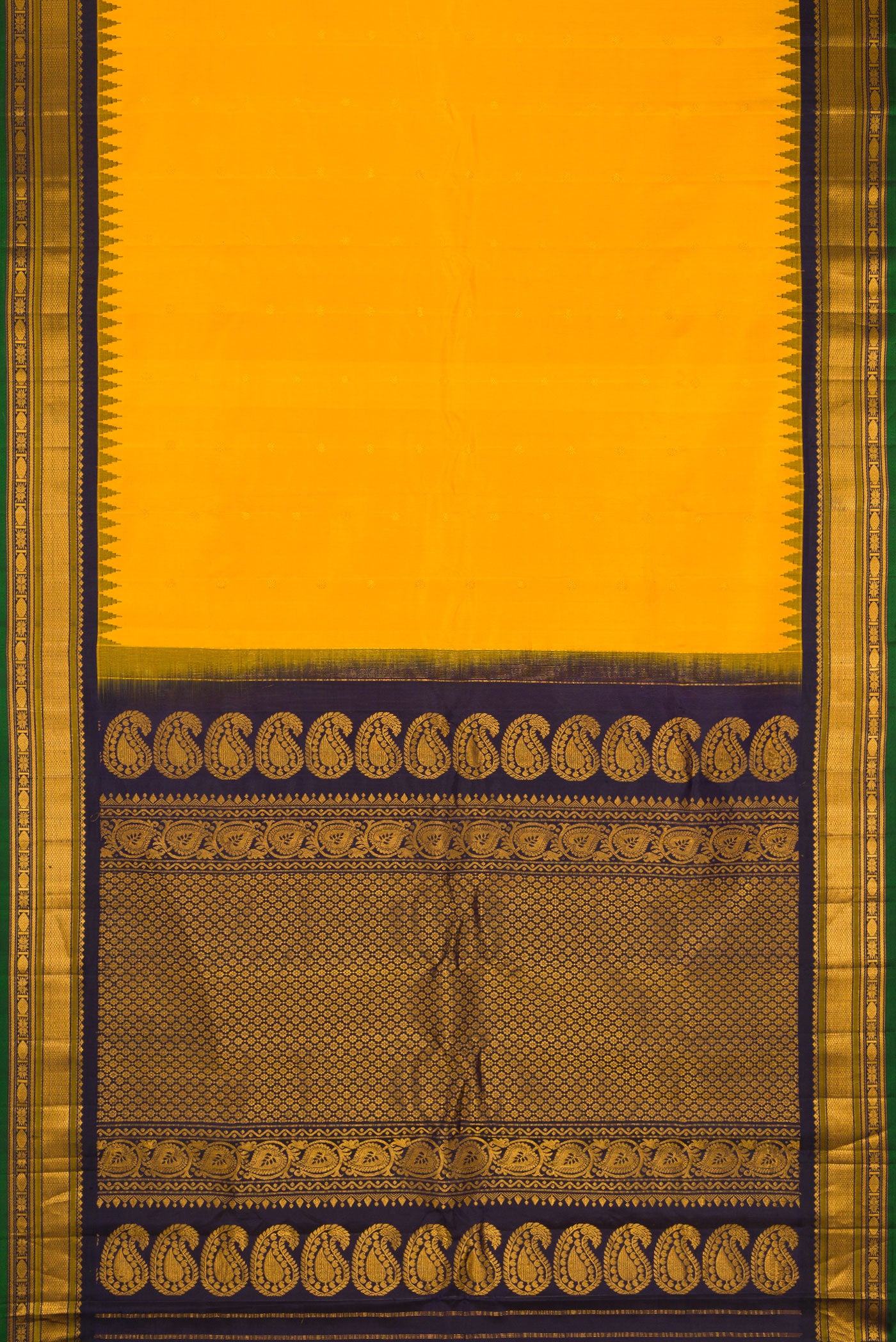 Flat view of Yellow Gadwal Silk Saree with Zari Butta on the body and Zari Border. 