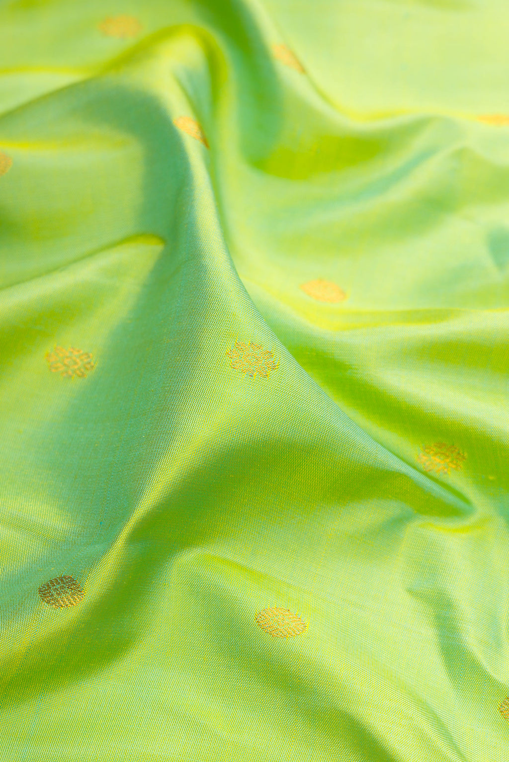 Close up of Pista Green Gadwal Silk Saree with Zari Butta on the body and Zari Border.  displaying folds