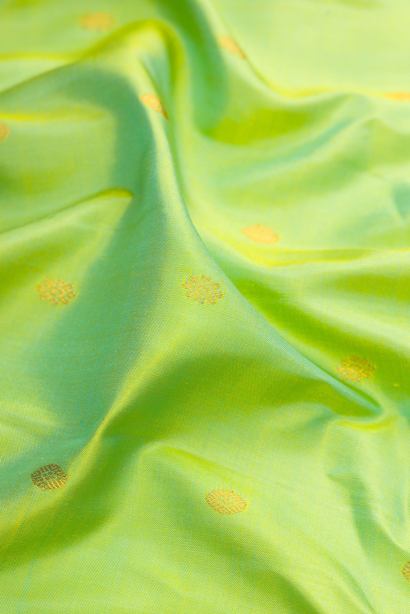 Close up of Pista Green Gadwal Silk Saree with Zari Butta on the body and Zari Border.  displaying folds
