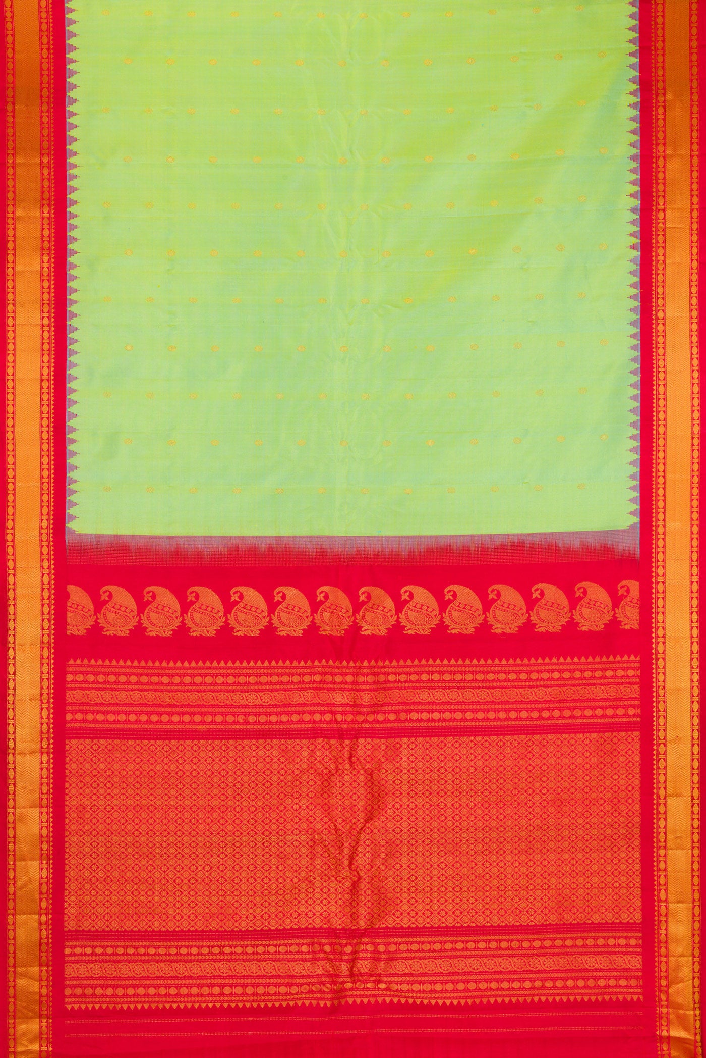 Flat view of Pista Green Gadwal Silk Saree with Zari Butta on the body and Zari Border. 