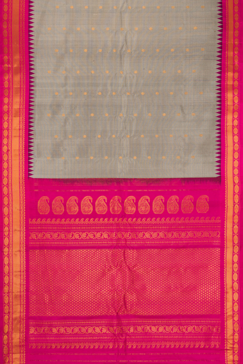 Flat view of Grey Gadwal Silk Saree with Zari Butta on the body and Temple Border. 