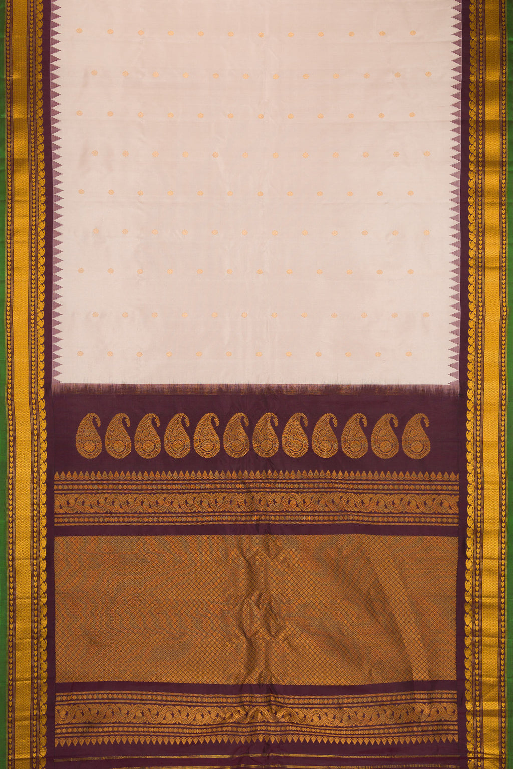 Flat view of Dark Beige Gadwal Silk Saree with Zari Butta on the body and Zari Border. 