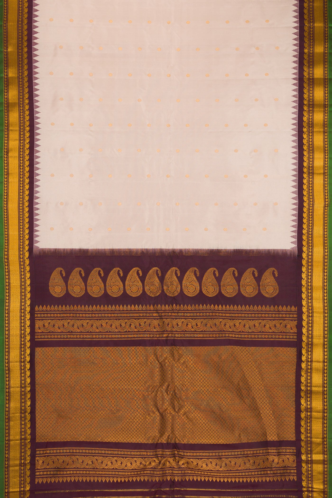 Flat view of Dark Beige Gadwal Silk Saree with Zari Butta on the body and Zari Border. 