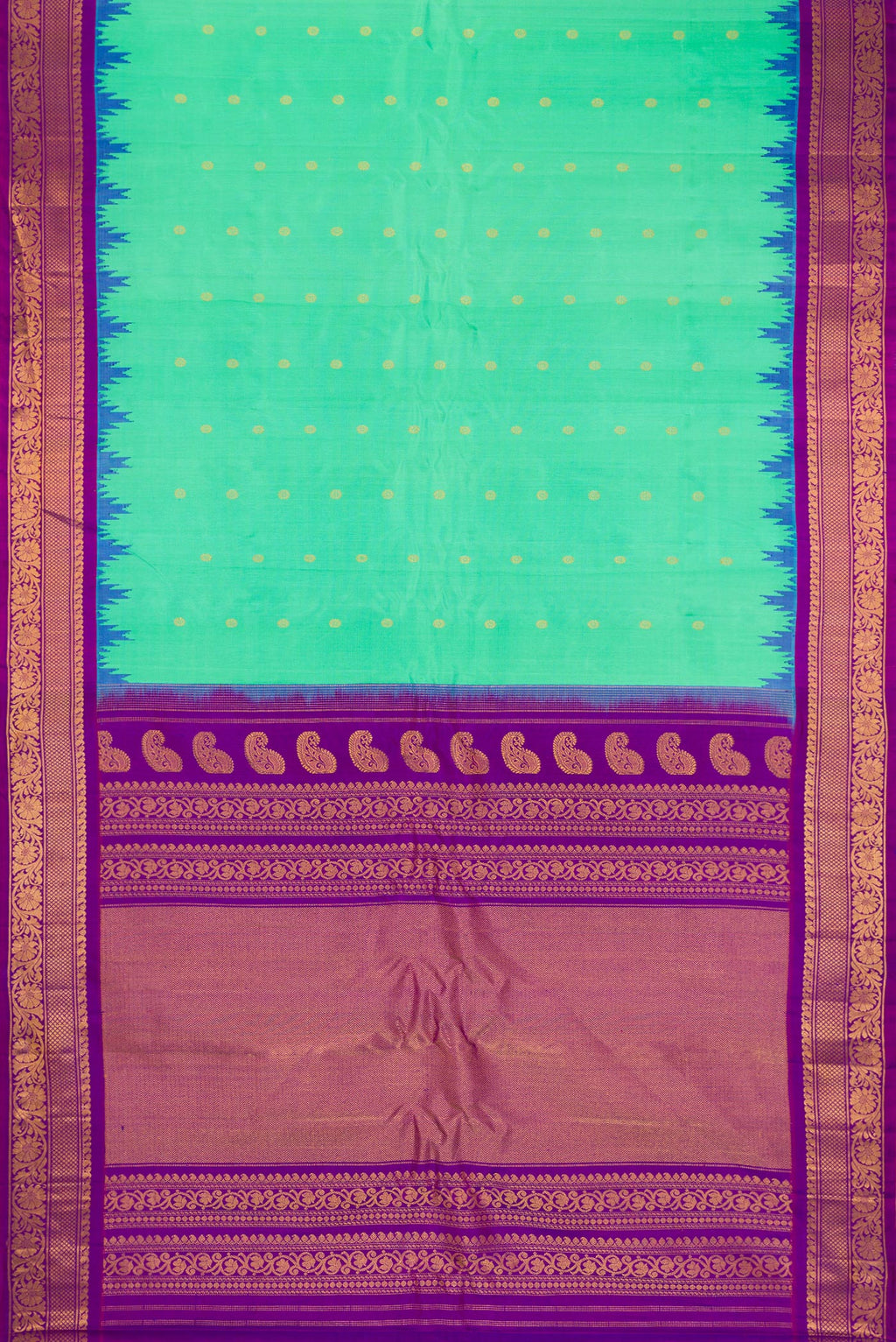 Flat view of Sea Green Gadwal Silk Saree with Zari Butta on the body and Zari Border. 