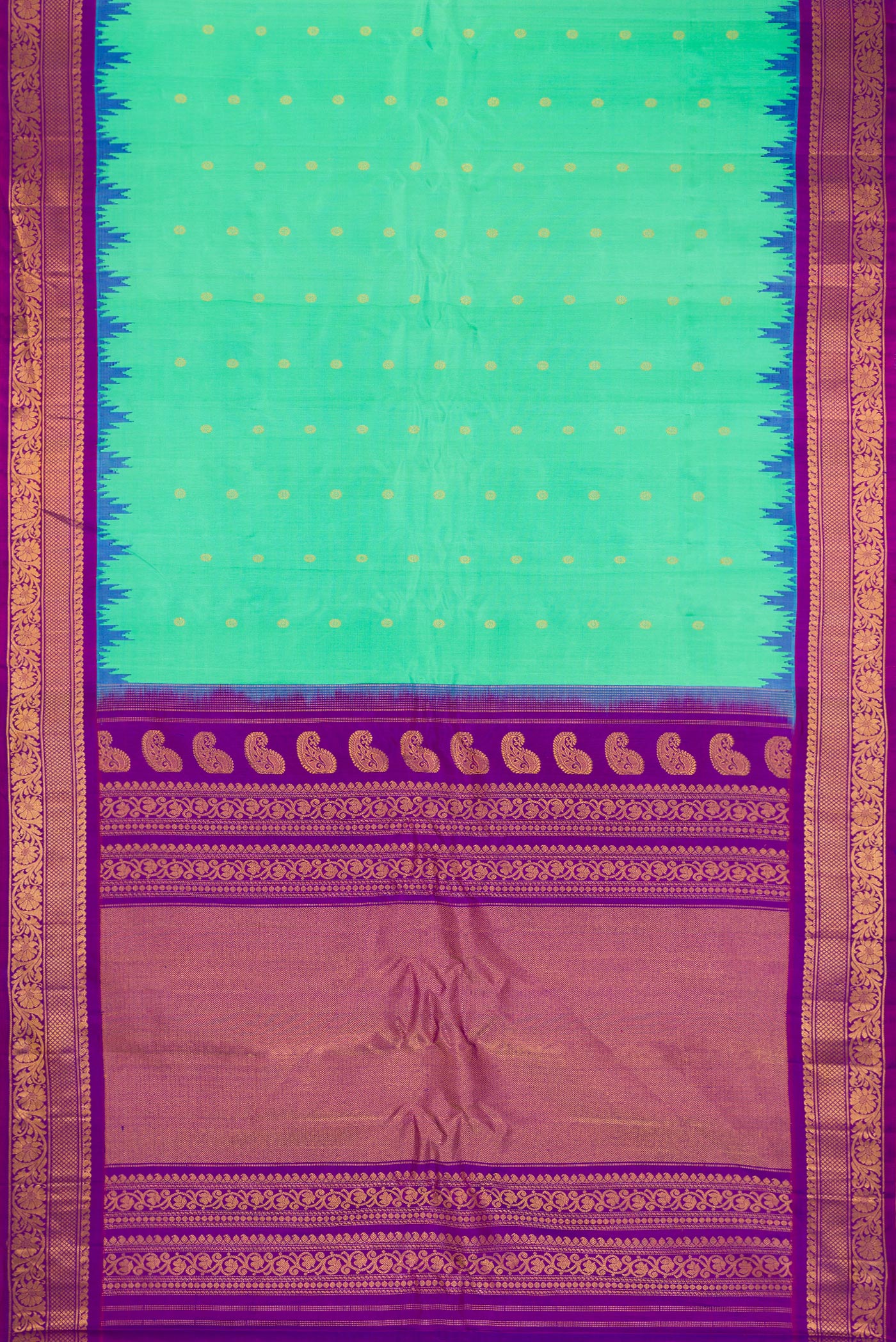 Flat view of Sea Green Gadwal Silk Saree with Zari Butta on the body and Zari Border. 