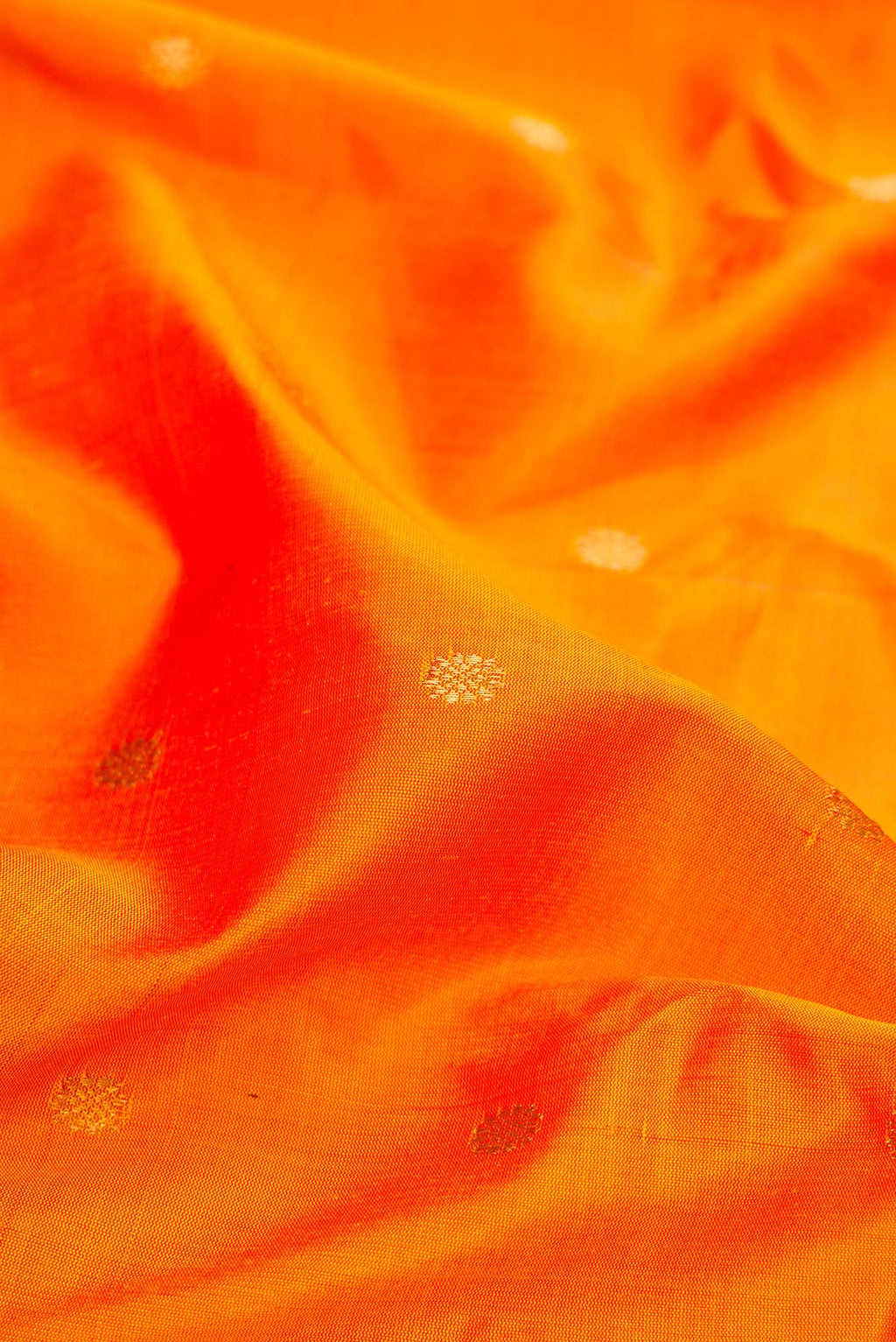 Close up of Mustard Dual Tone Gadwal Silk Saree with Zari Butta on the body and Zari Border.  displaying folds