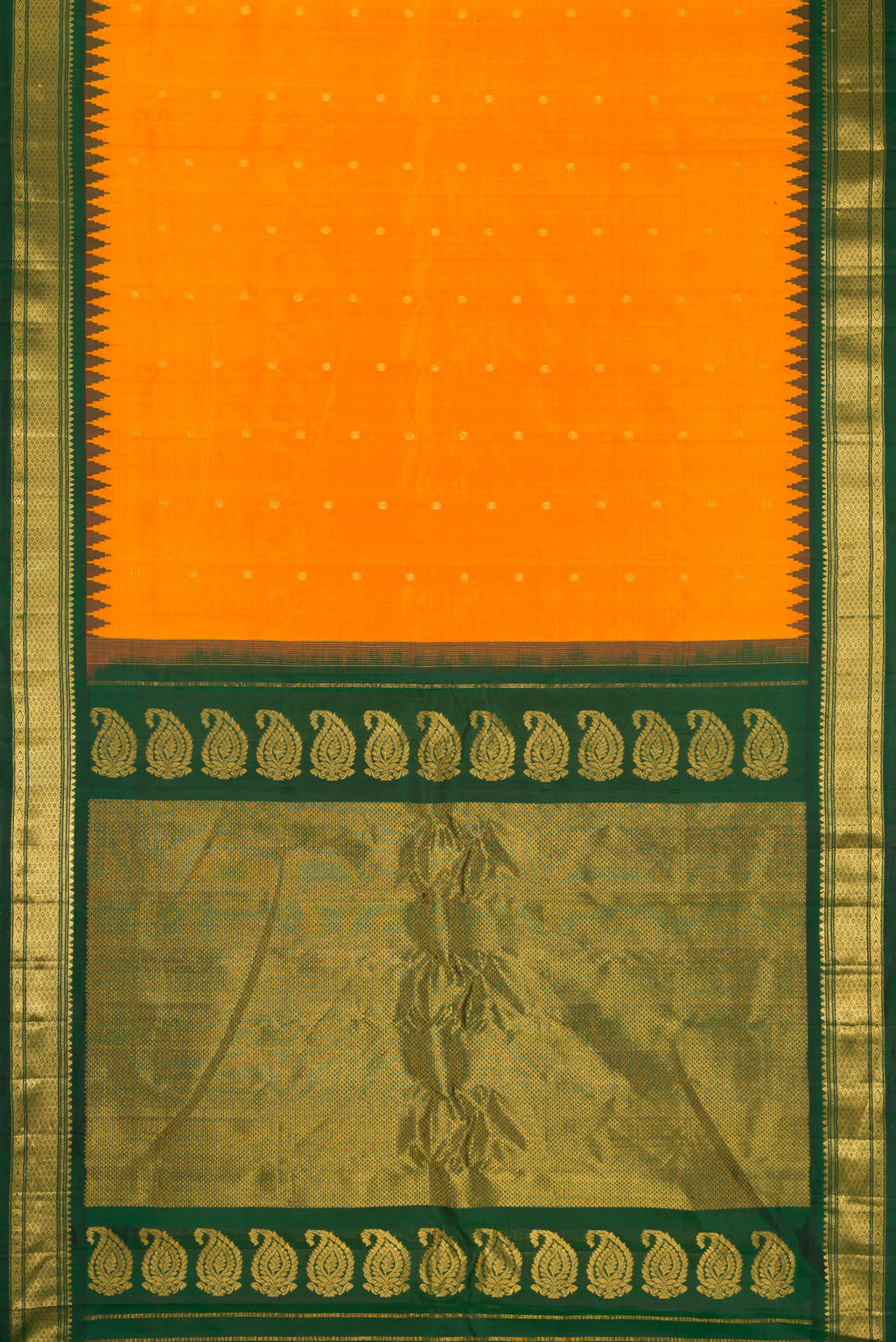Flat view of Mustard Dual Tone Gadwal Silk Saree with Zari Butta on the body and Zari Border. 