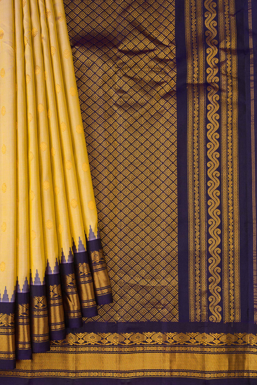 Pleats and pallu of Sandal Dual Tone Gadwal Silk Saree with Checked design on the body and Zari Border. 