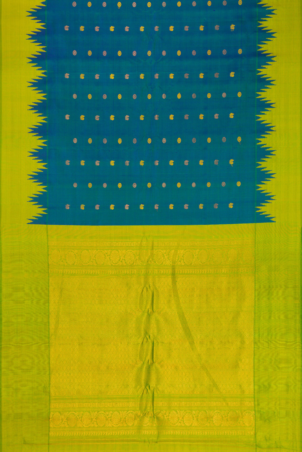 Flat view of Peacock Blue Gadwal Silk Saree with Zari Butta on the body and Temple Border. 