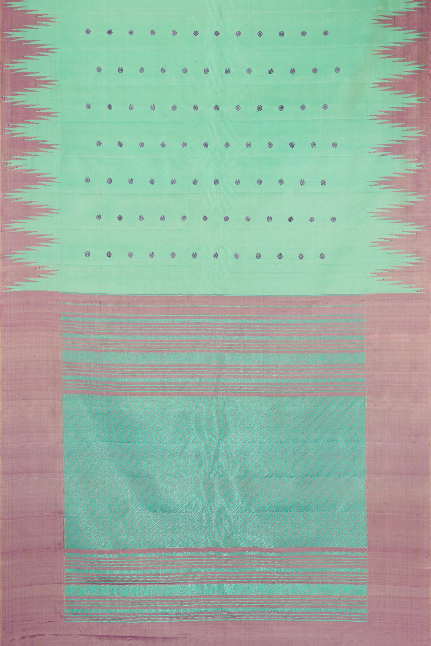 Flat view of Sea Green Gadwal Silk Saree with Thread Butta on the body and Temple Border. 