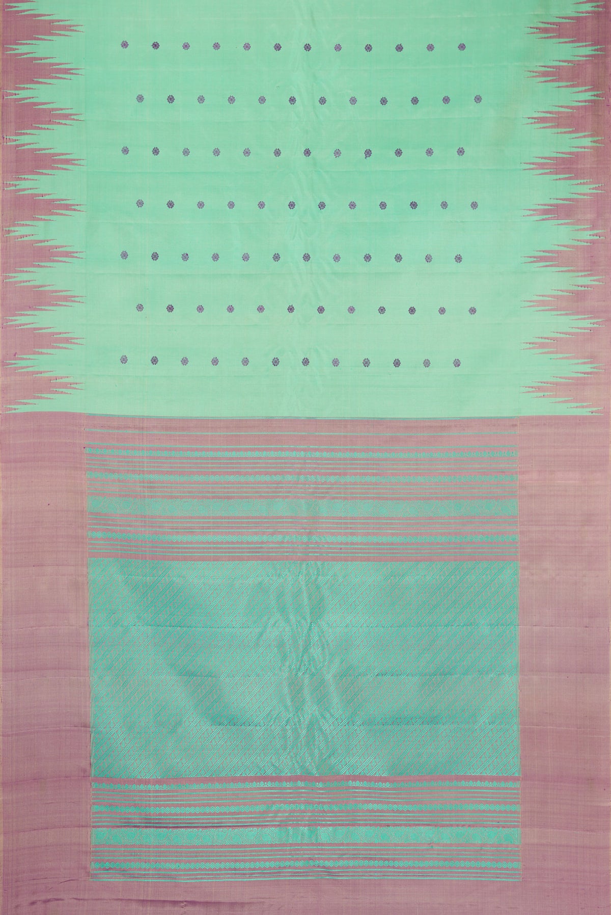 Flat view of Sea Green Gadwal Silk Saree with Thread Butta on the body and Temple Border. 
