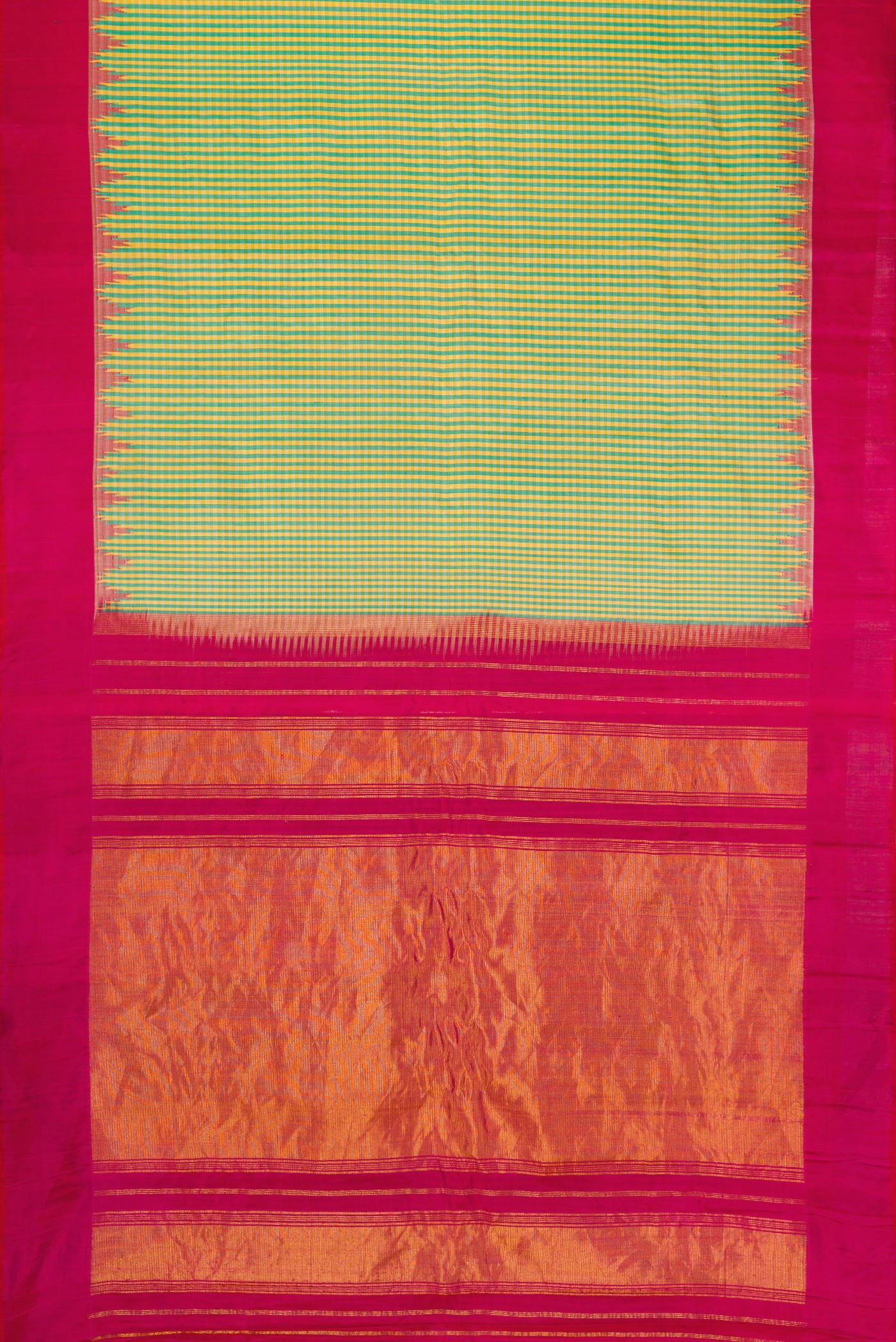 Flat view of Multi Color Gadwal Silk Saree with Checked design on the body and Temple Border. 
