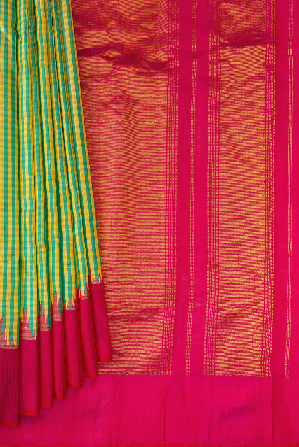 Pleats and pallu of Multi Color Gadwal Silk Saree with Checked design on the body and Temple Border. 