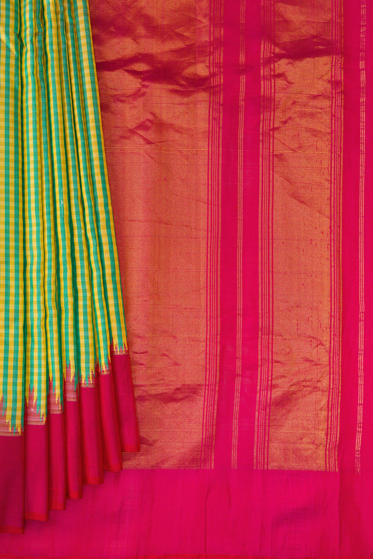 Pleats and pallu of Multi Color Gadwal Silk Saree with Checked design on the body and Temple Border. 