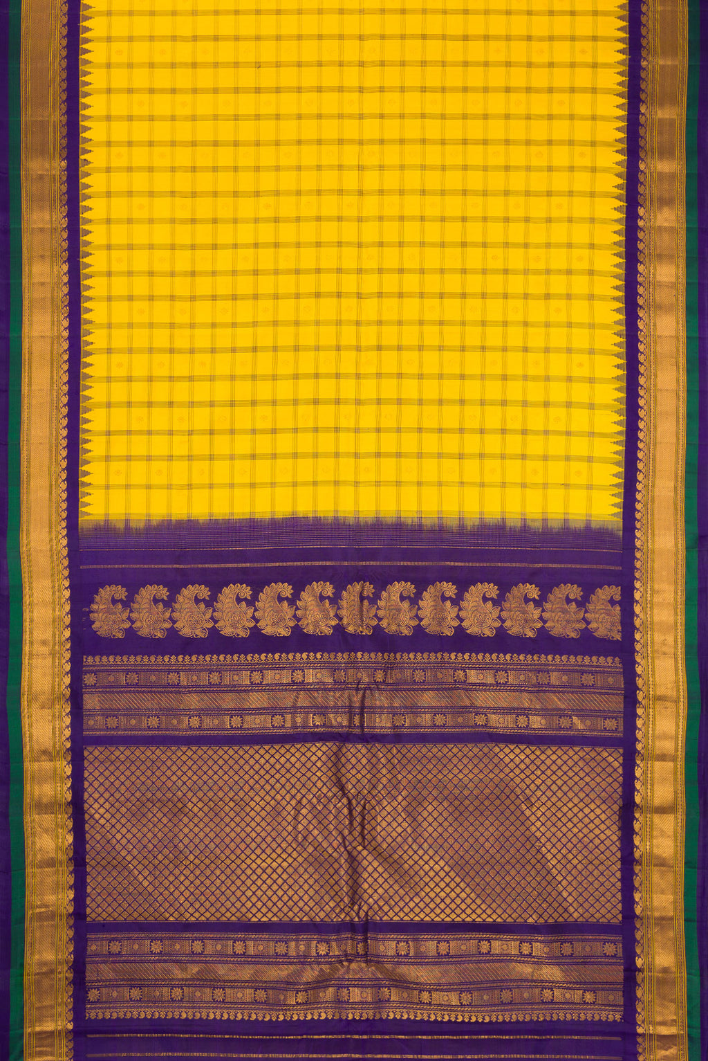 Flat view of Yellow Gadwal Silk Saree with Checked design on the body and Zari Border. 