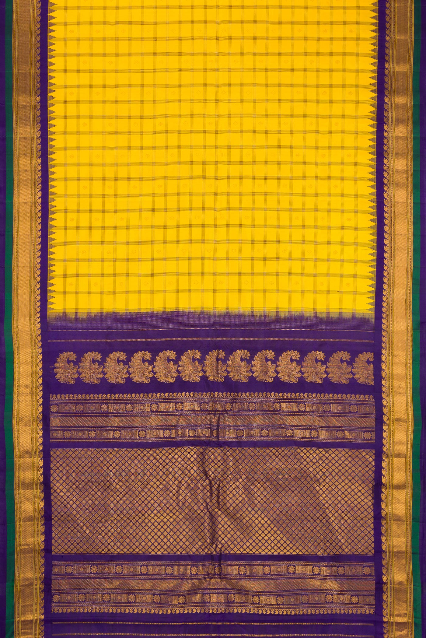 Flat view of Yellow Gadwal Silk Saree with Checked design on the body and Zari Border. 