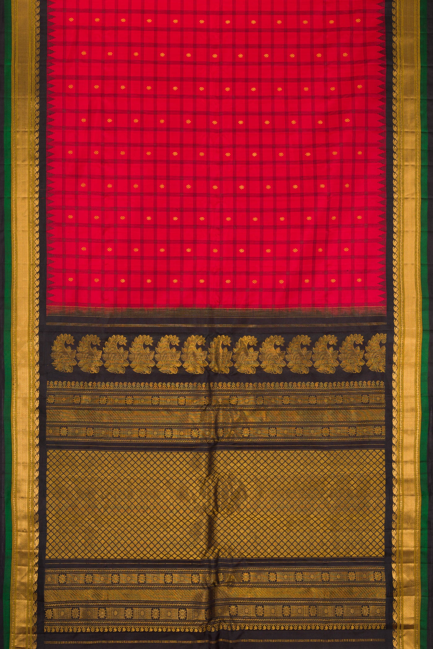 Flat view of Red Gadwal Silk Saree with Checked design on the body and Zari Border. 