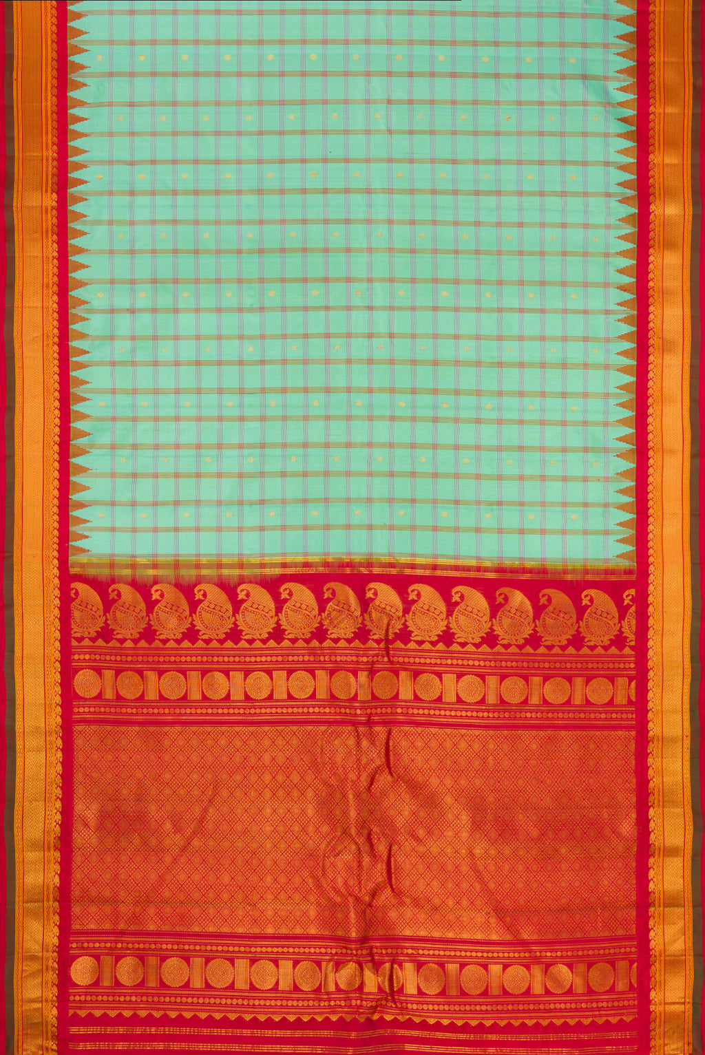 Flat view of Sea Green Gadwal Silk Saree with Checked design on the body and Zari Border. 