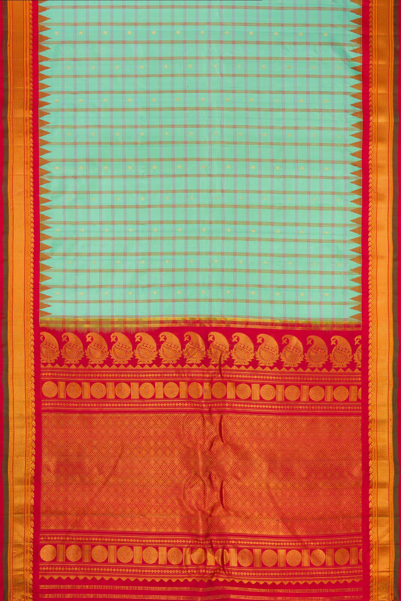Flat view of Sea Green Gadwal Silk Saree with Checked design on the body and Zari Border. 