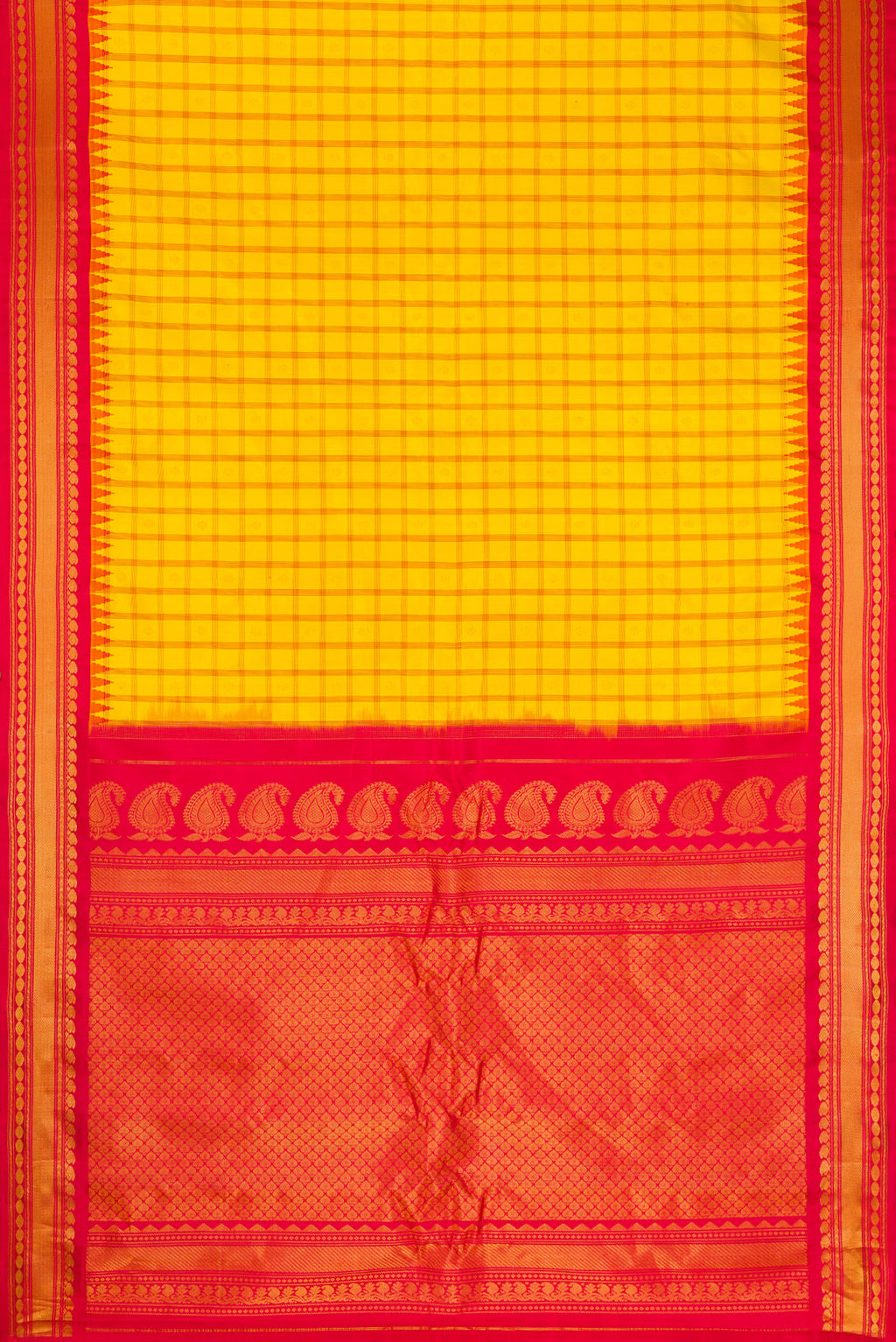 Flat view of Yellow Gadwal Silk Saree with Checked design on the body and Zari Border. 