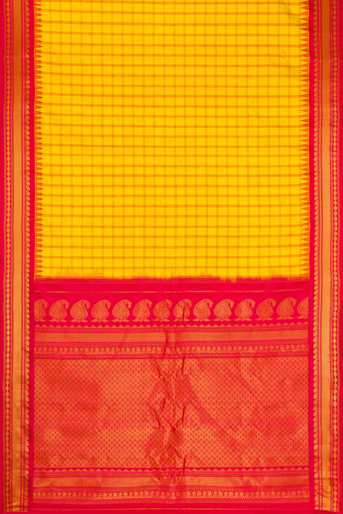 Flat view of Yellow Gadwal Silk Saree with Checked design on the body and Zari Border. 