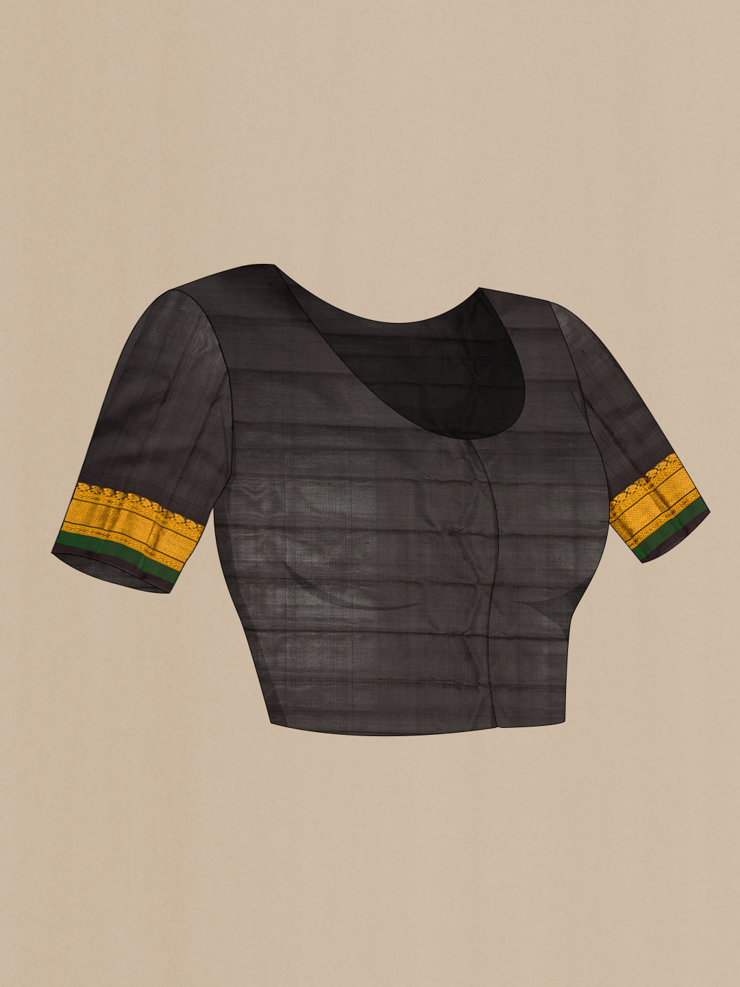 Close up image of the blouse of Yellow Gadwal Silk Saree with Checked design on the body and Zari Border. 