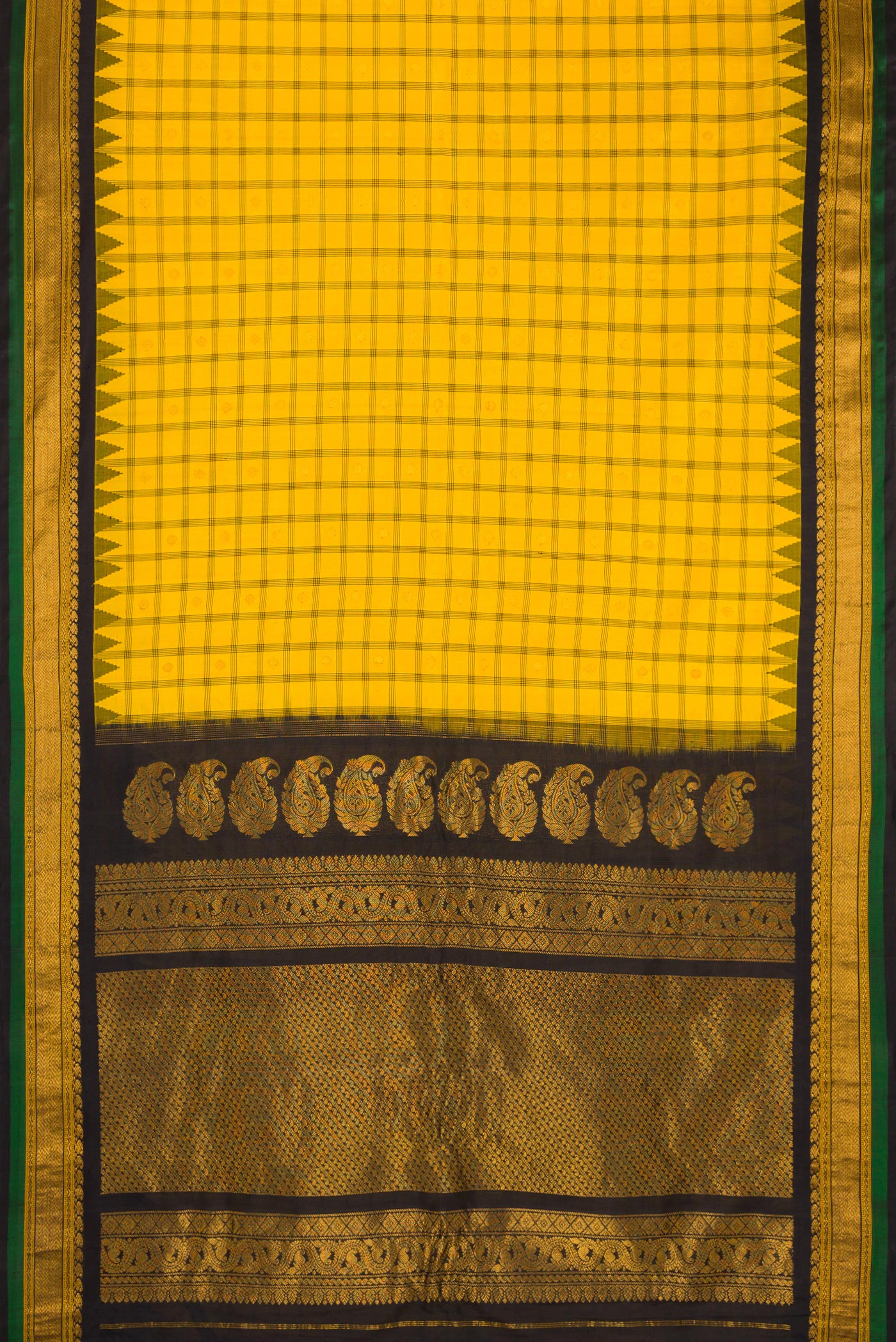Flat view of Yellow Gadwal Silk Saree with Checked design on the body and Zari Border. 