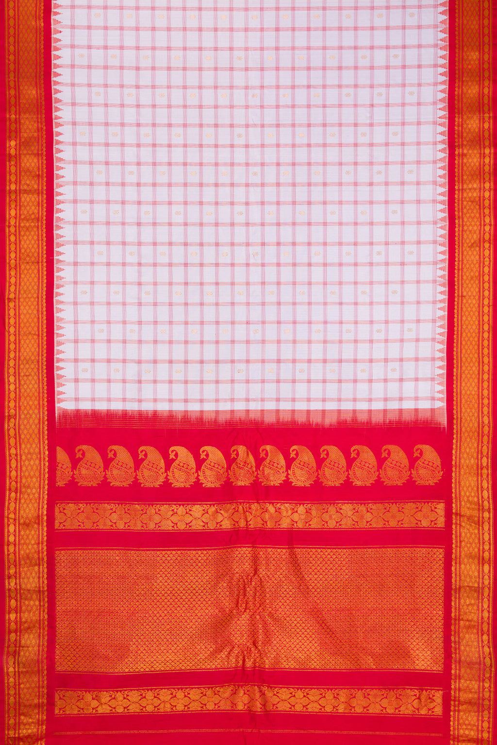 Flat view of Lilac Gadwal Silk Saree with Checked design on the body and Zari Border. 