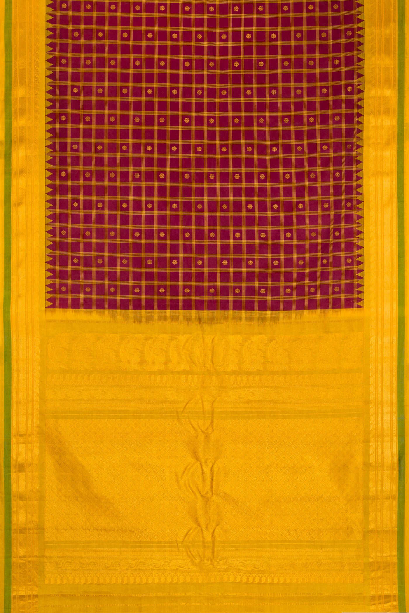 Flat view of Maroon Gadwal Silk Saree with Checked design on the body and Zari Border. 