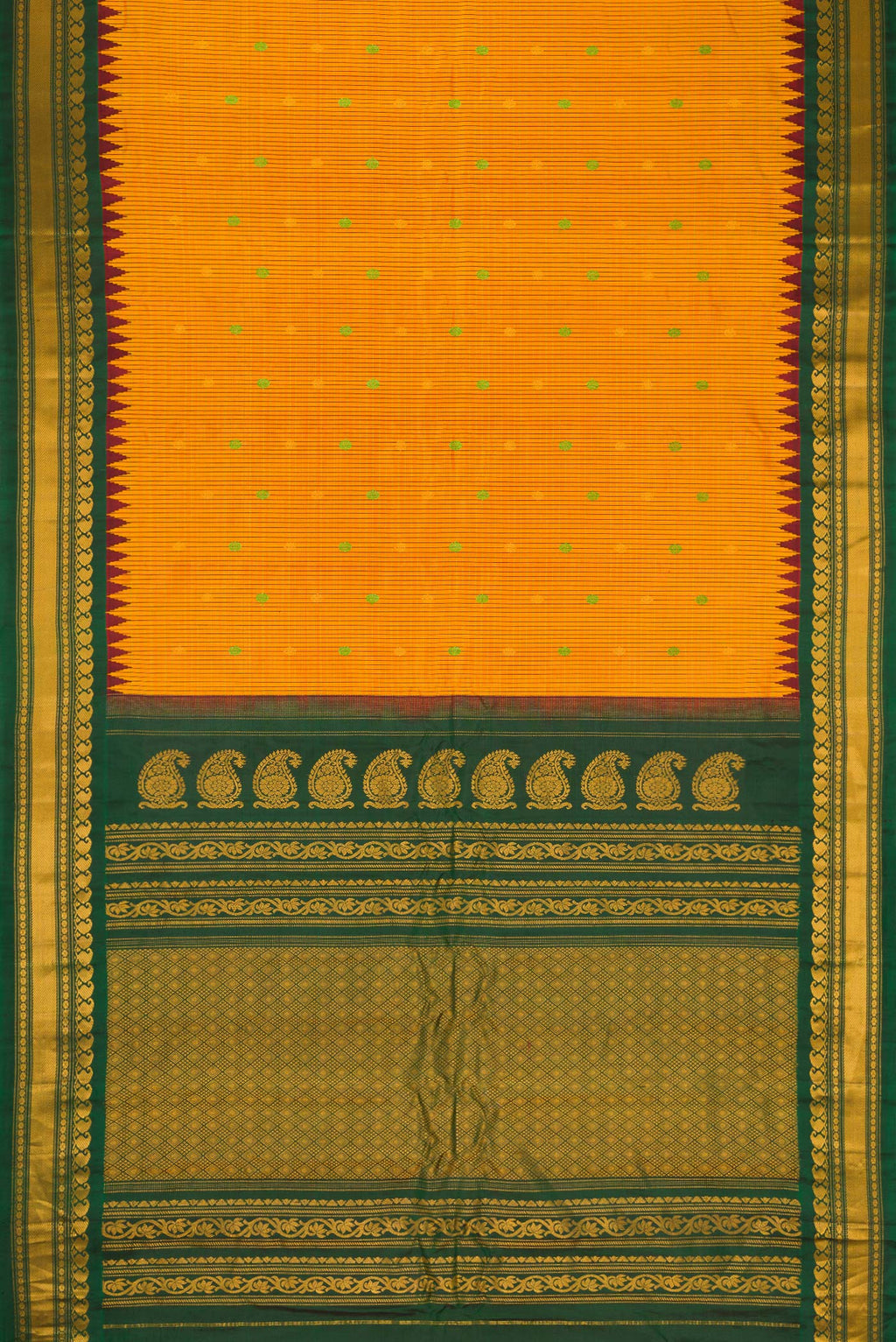 Flat view of Mustard Gadwal Silk Saree with Checked design on the body and Temple Border. 