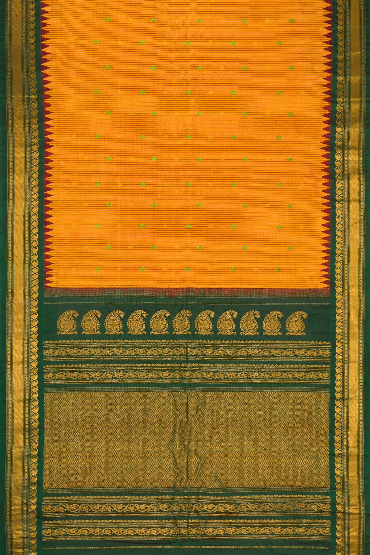 Flat view of Mustard Gadwal Silk Saree with Checked design on the body and Temple Border. 