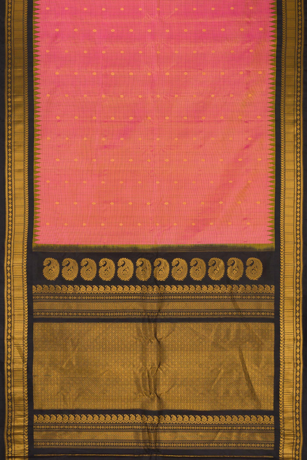 Flat view of Pink Dual Tone Gadwal Silk Saree with Checked design on the body and Temple Border. 